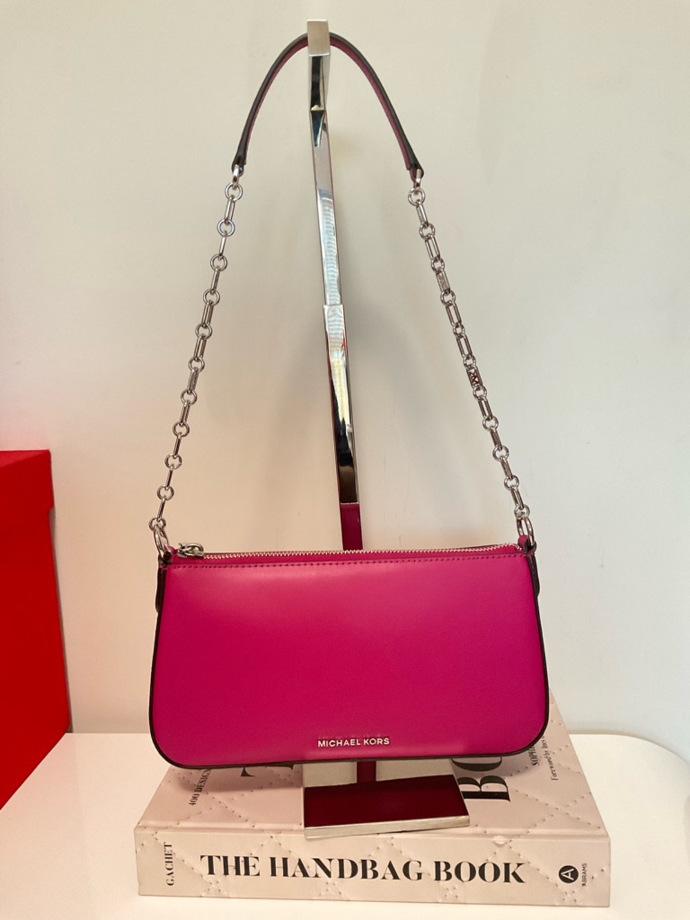 Michael Kors Deep Fuschia Empire Leather Chain-Link Pouchette - Picture 6 of 11